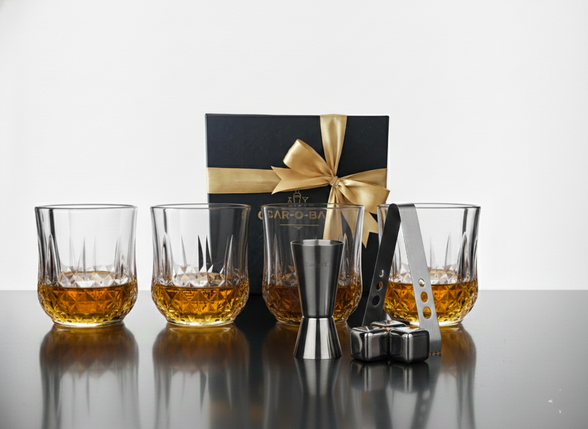 Car-O-Bar Gift Set | Set of Premium Whiskey Glasses with Steel Whiskey Cubes Peg Measurer and Ice Tong