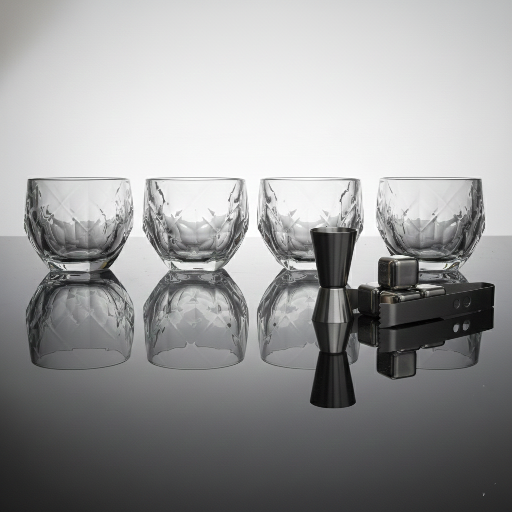 Car-O-Bar Gift Set | Set of Premium Whiskey Glasses with Steel Whiskey Cubes Peg Measurer and Ice Tong