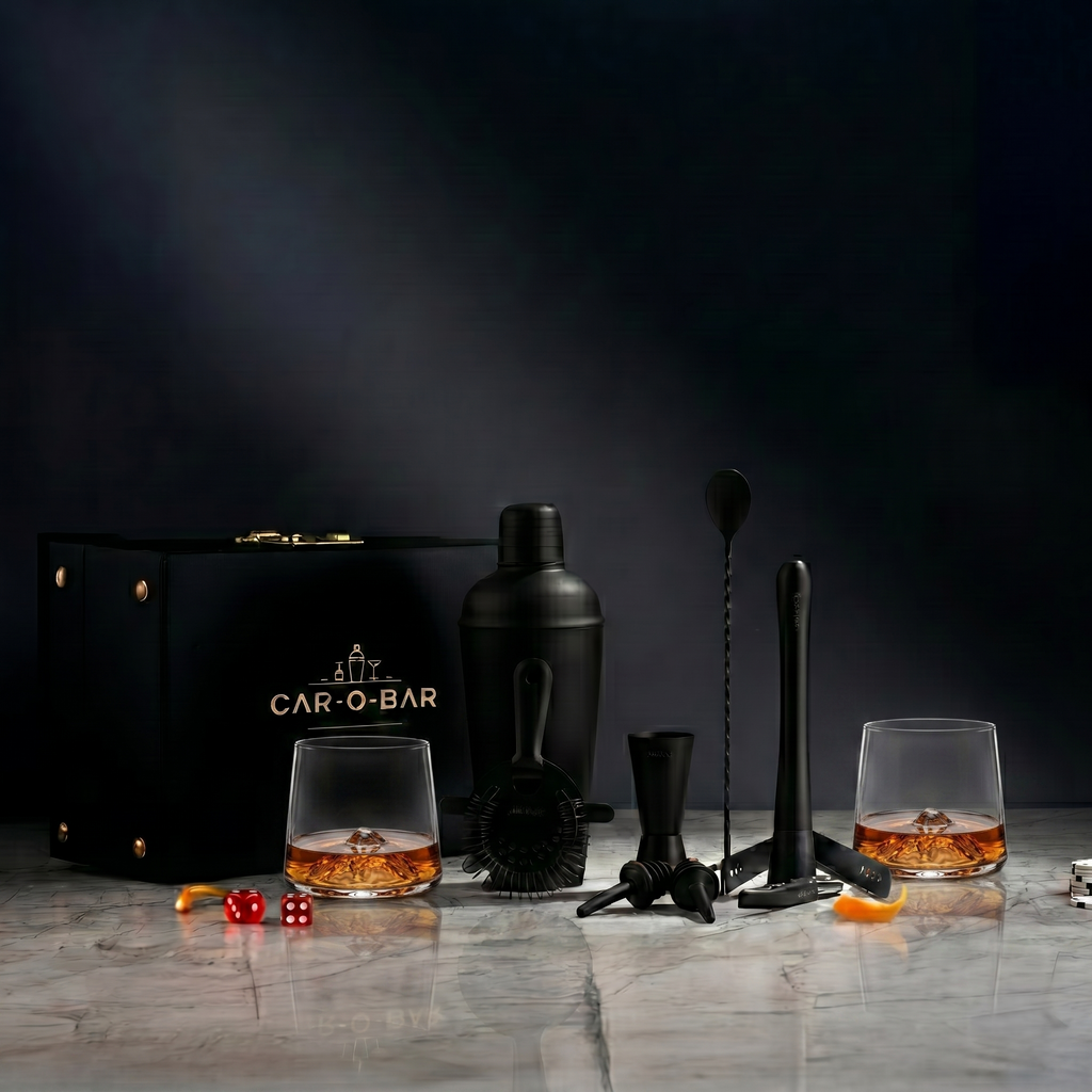 Car-O-Bar Bar Set with Glasses Gift Set | 12 Pieces Black Bartender Kit with 2 Cocktail Glasses