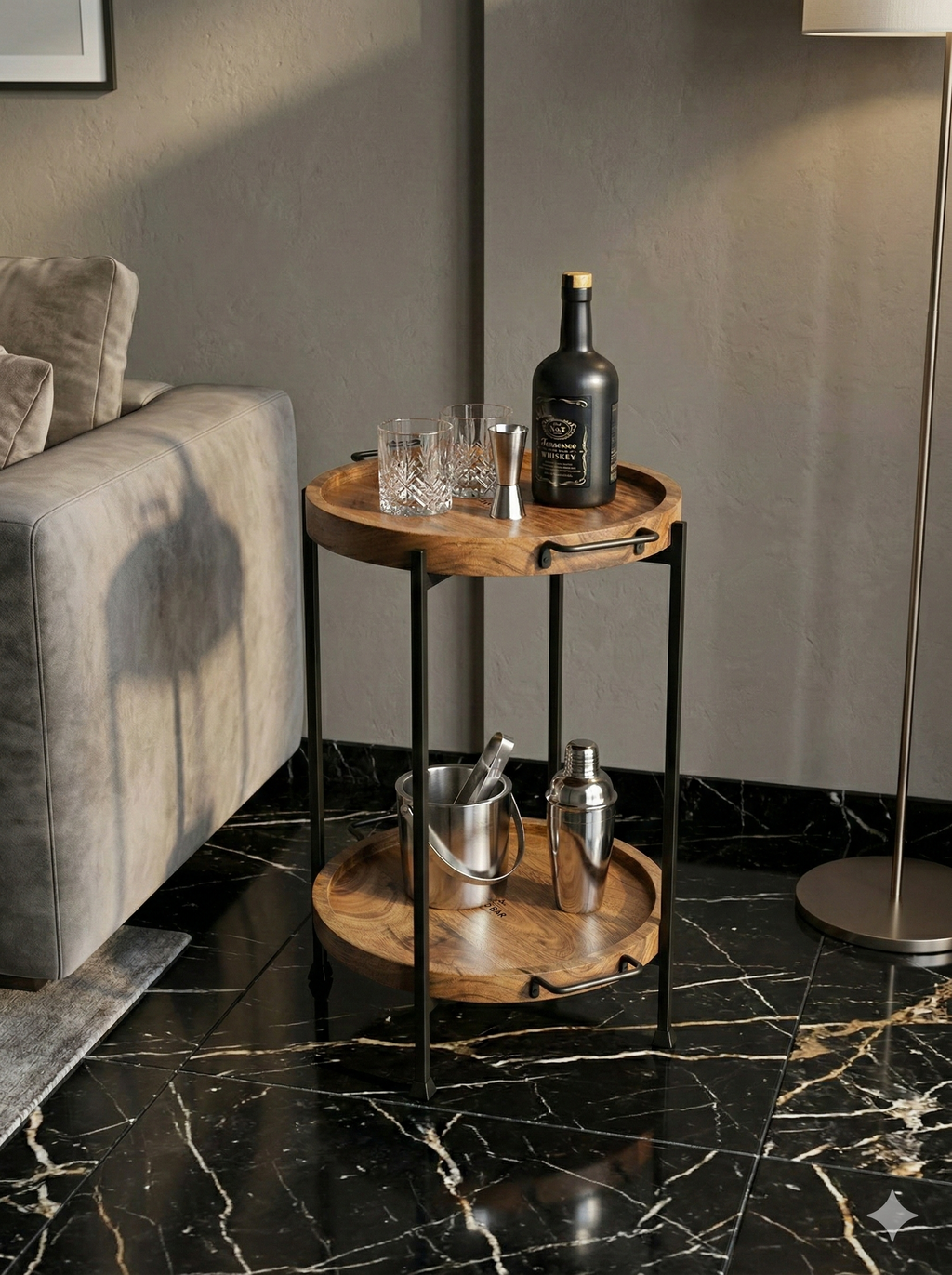 CAR-O-BAR Folding Multipurpose Side Table for Bar & Home - Side Table with 2 Removable Wooden Serving Trays