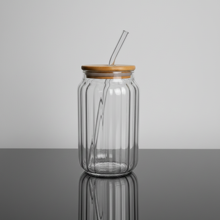 Car-O-Bar Rippled Drinking Glasses Tumbler with Bamboo Lid and Glass Straw 400ml || Set of 2