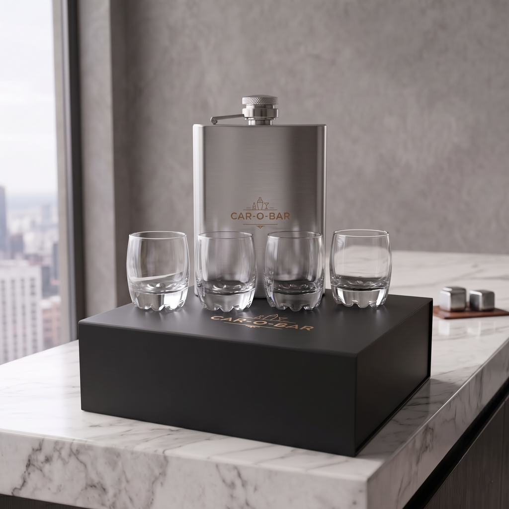 CAR-O-BAR Stainless Steel Hip Flask with 4 Shot Glasses For Gift