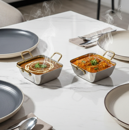 CAR-O-BAR Premium Set of 2 Steel Serving Bowls with Handle | Hammered Silver Finish