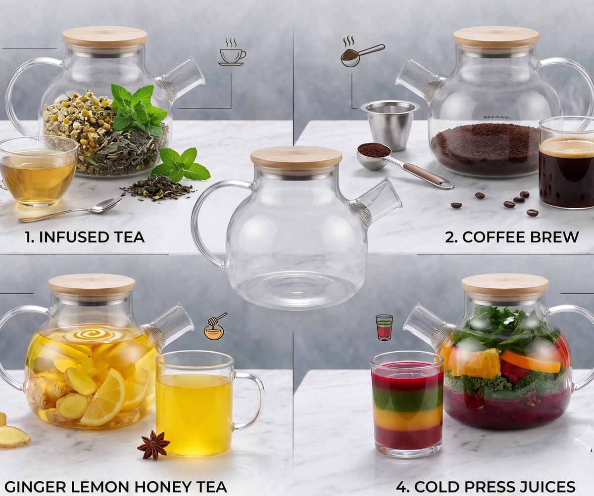 CAR-O-BAR Tea Pot 1000ml | Tea Pot with Bamboo Lid for Infused Tea & Coffee