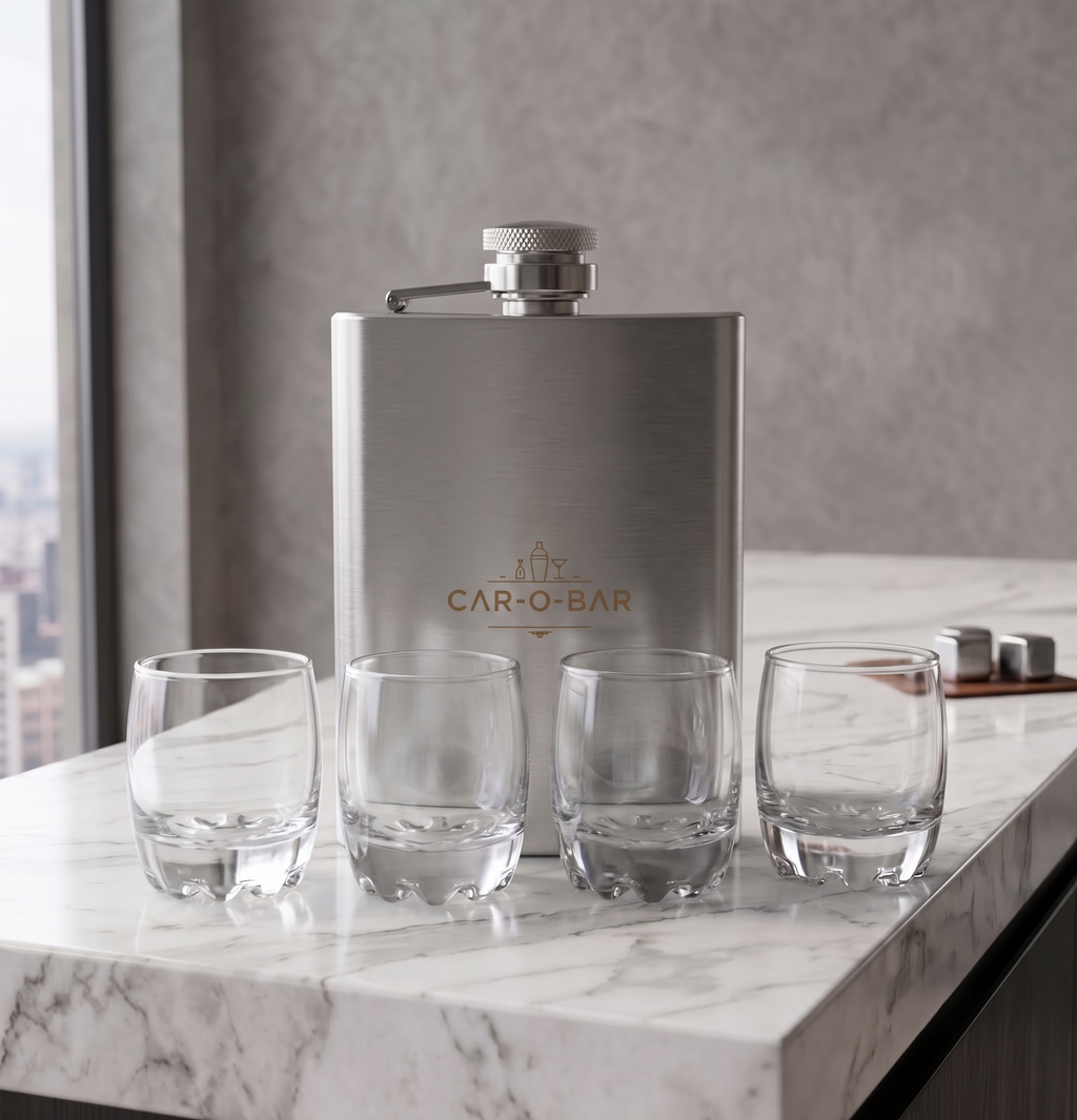 CAR-O-BAR Stainless Steel Hip Flask with 4 Shot Glasses For Gift