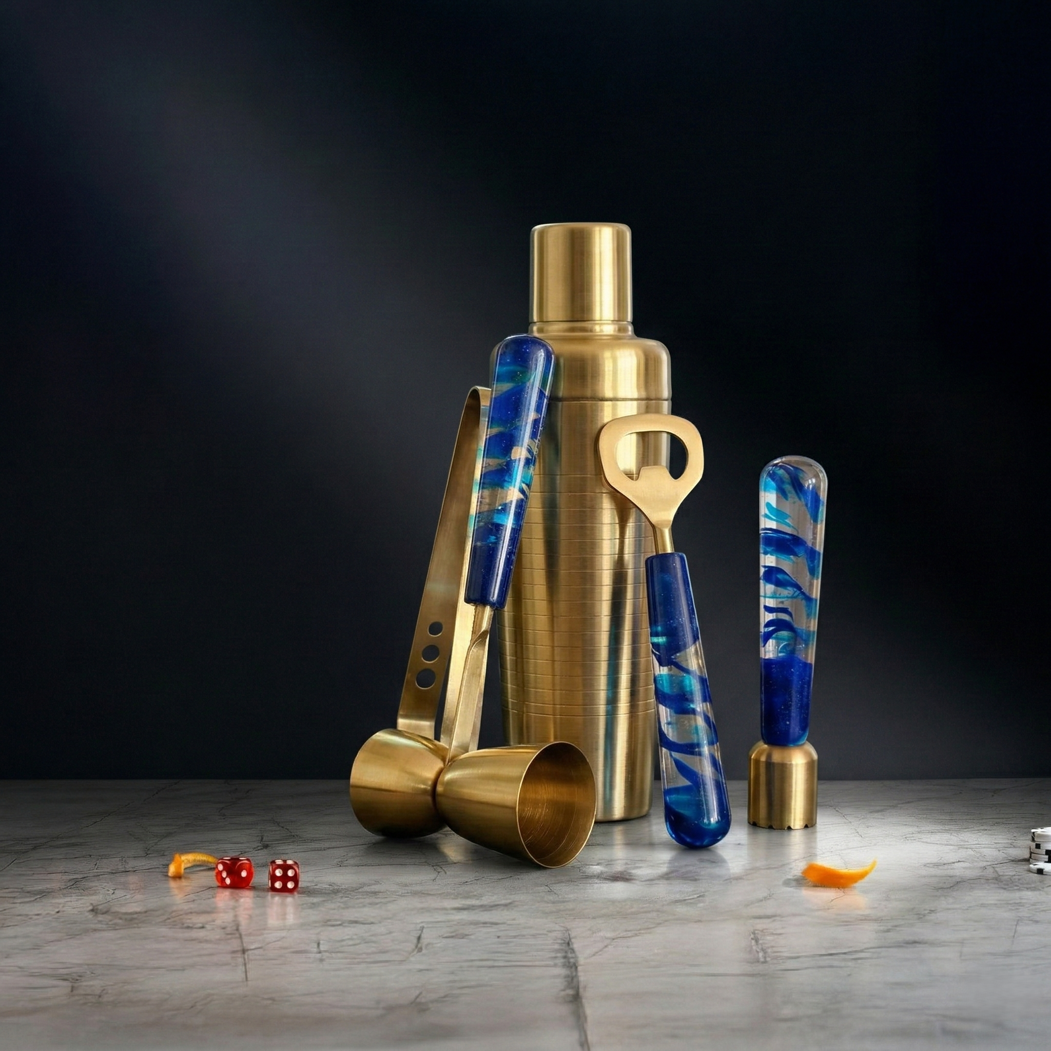 Car-O-Bar Gold & Blue Bar Set | 5 Piece Bartender Kit
