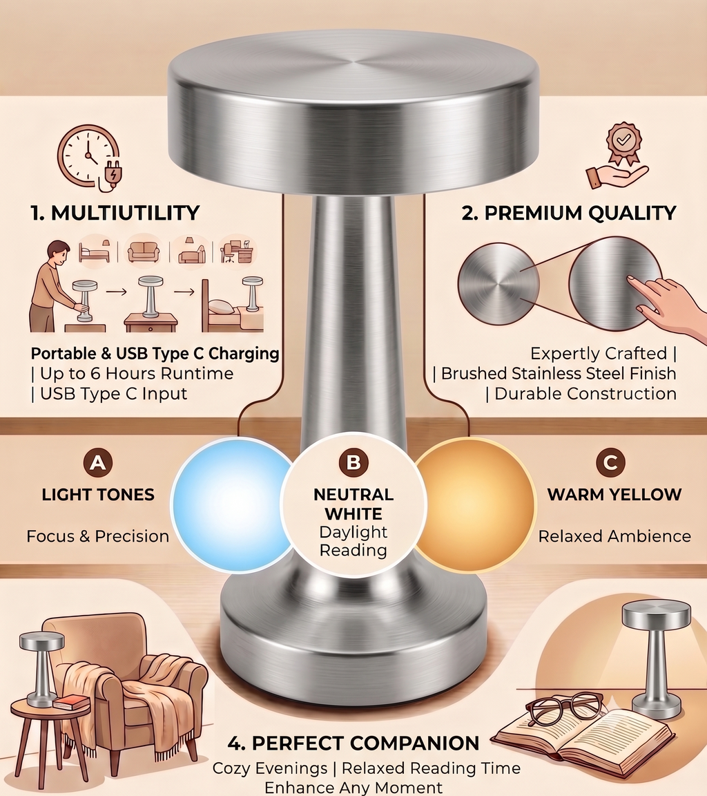 CAR-O-BAR Bar Decor Silver Lamp | 3 Colour Touch Control, USB-C Charging