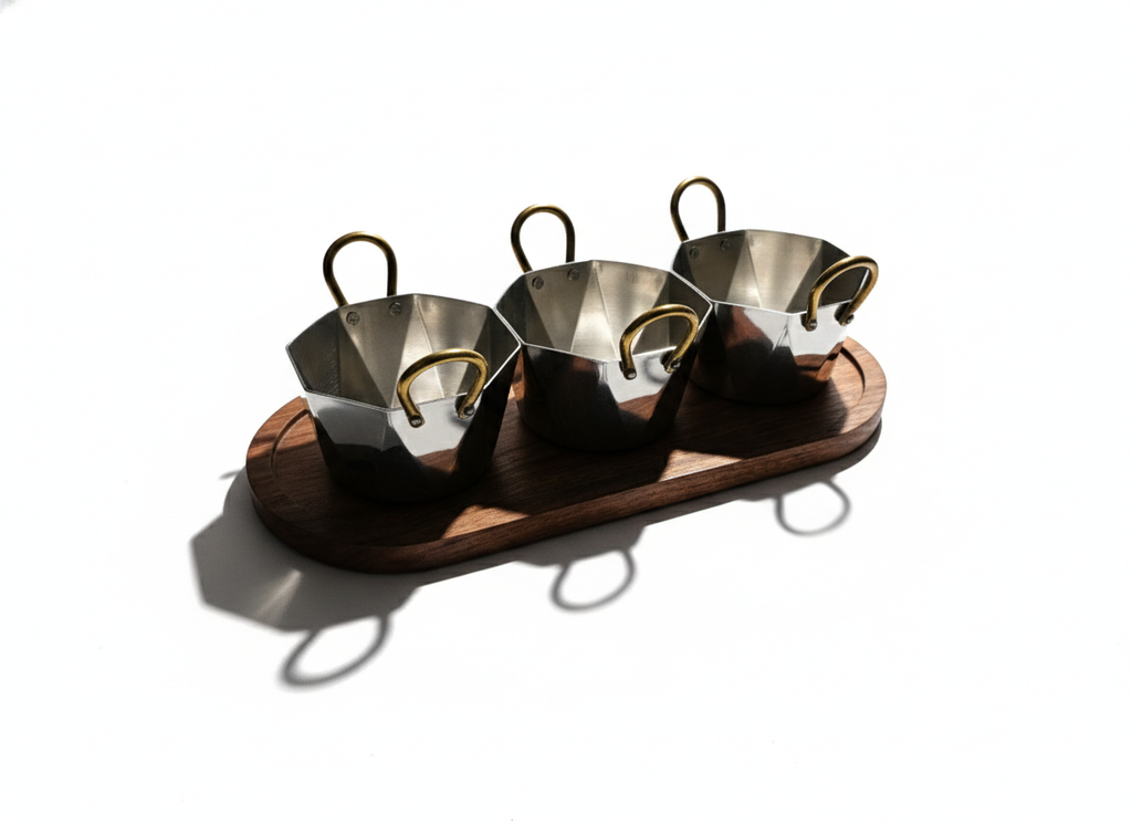 CAR-O-BAR Set of 3 Premium Steel Serving Bowl with Platter | Hexagonal Silver Finish