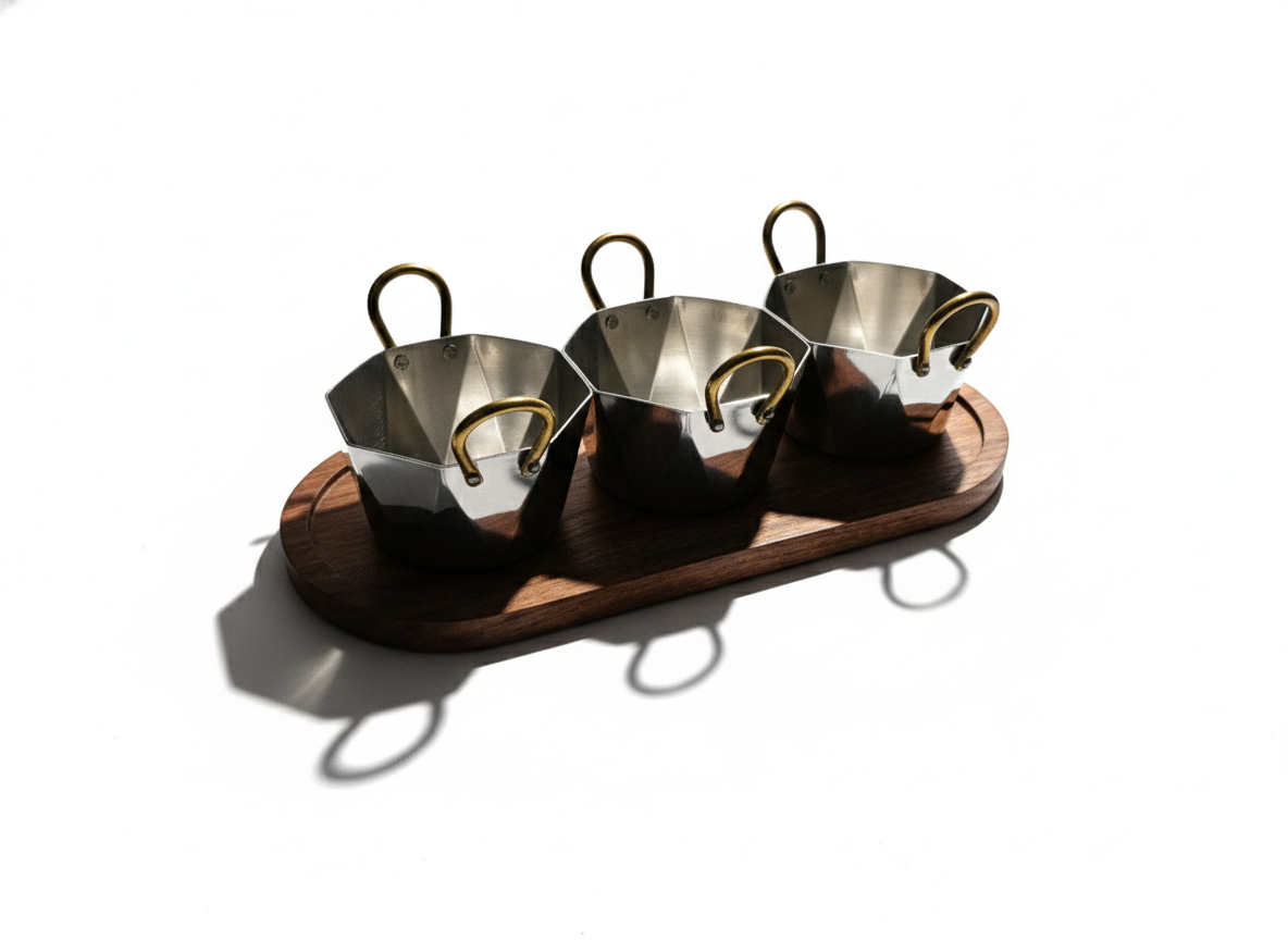 CAR-O-BAR Set of 3 Premium Steel Serving Bowl with Platter | Hexagonal Silver Finish