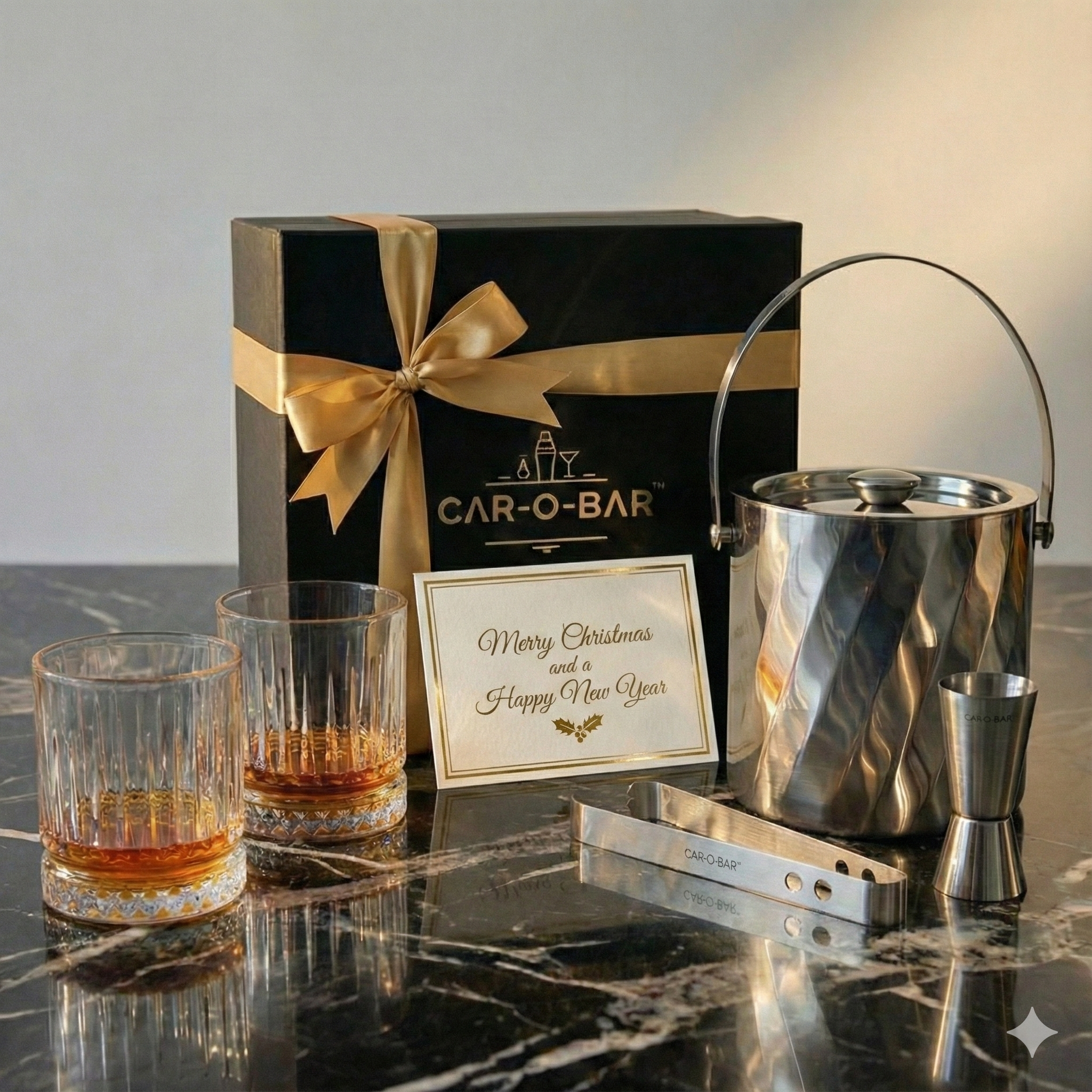 Car-O-Bar Gift Set | Rippled Finish Stainless Steel Ice Bucket & Tong with Set of 4 Whiskey Glasses