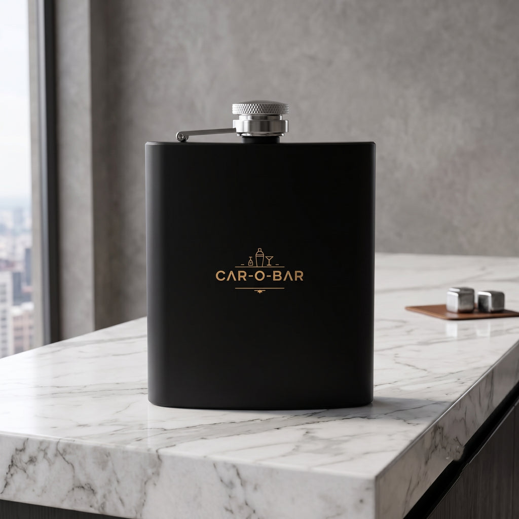 CAR-O-BAR Stainless Steel Black Hip Flask with 4 Shot Glasses For Gift