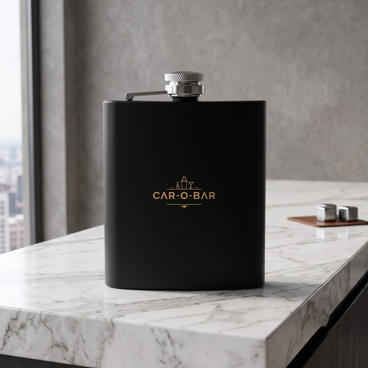 CAR-O-BAR Stainless Steel Black Hip Flask with 4 Shot Glasses For Gift