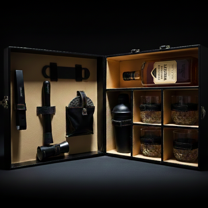 Car-O-Bar Black Bar Set with Glasses & Coasters Giftset