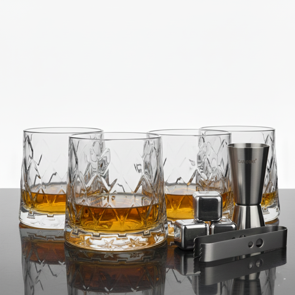 Car-O-Bar Gift Set | Set of Premium Whiskey Glasses with Steel Whiskey Cubes Peg Measurer and Ice Tong