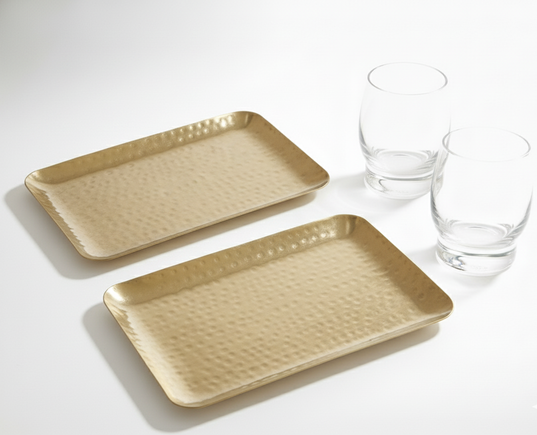 Car-O-Bar Set of 2 Premium Steel Serving Platter | Gold Finish | Hammered Design