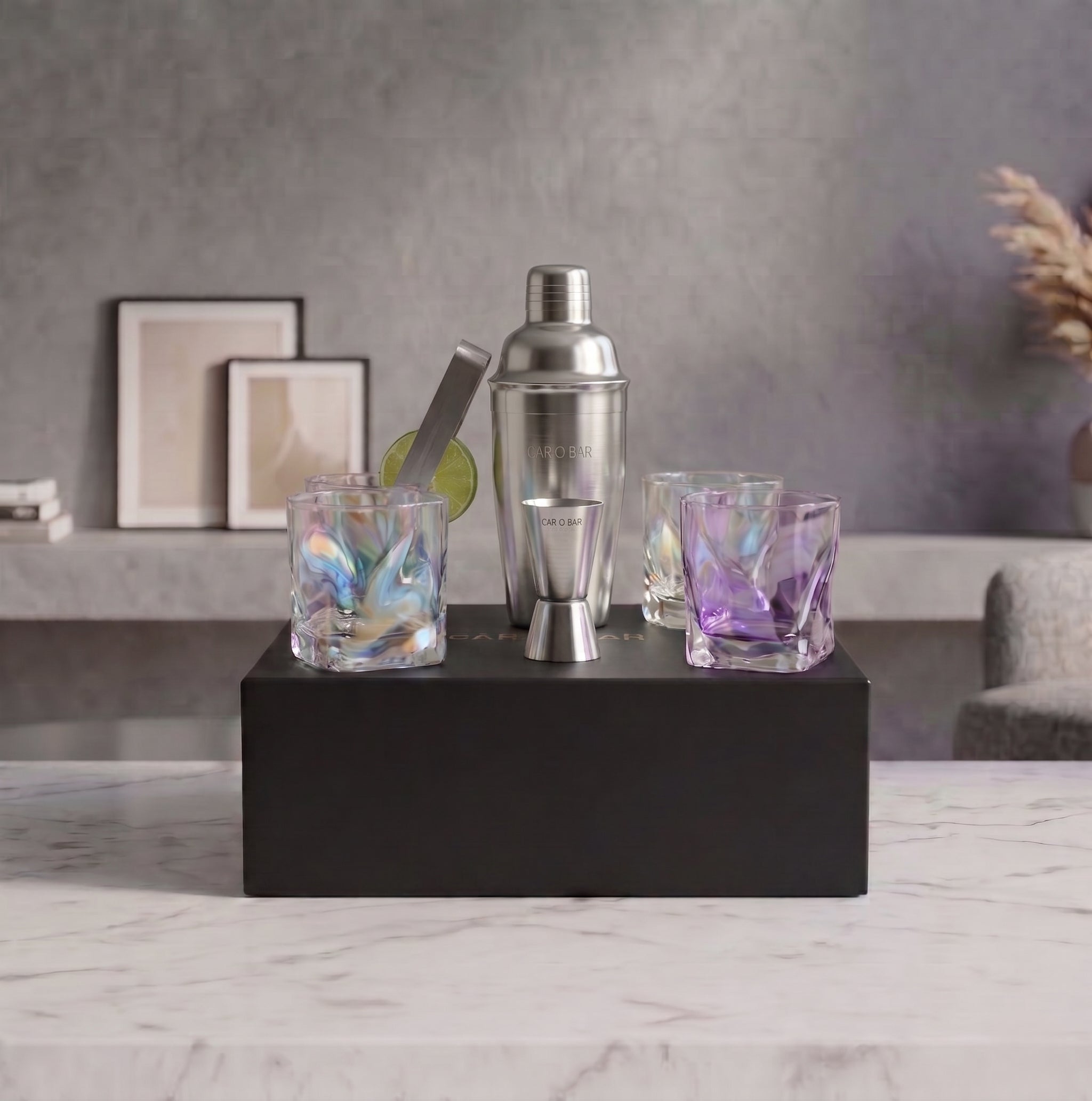 Car-O-Bar Silver Bar Set with Glasses Gift Set