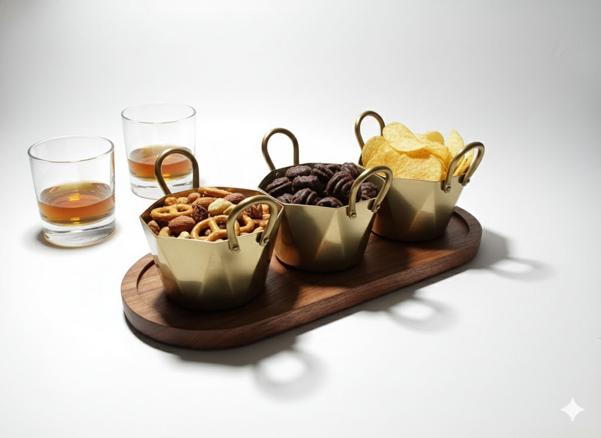 CAR-O-BAR Set of 3 Premium Steel Serving Bowl with Platter | Hexagonal Gold Finish