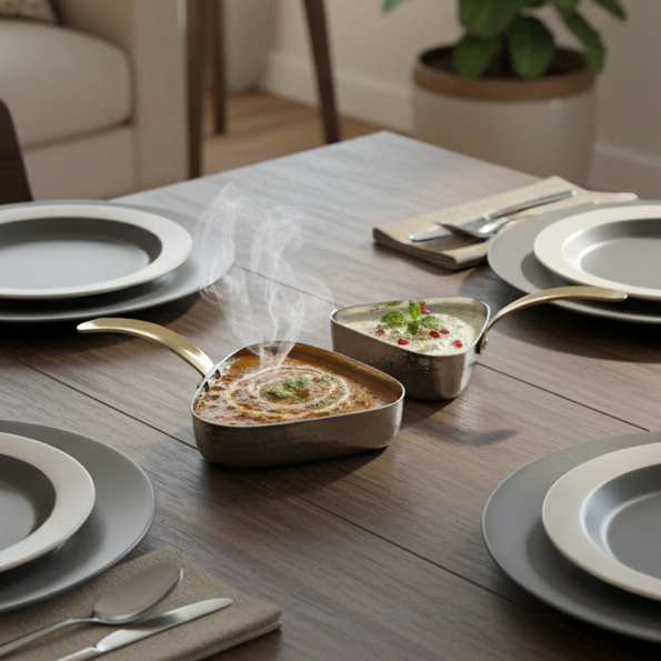 CAR-O-BAR Premium Set of 2 Steel Serving Pan with Handle | Hammered Silver Finish