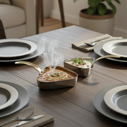 CAR-O-BAR Premium Set of 2 Steel Serving Pan with Handle | Hammered Silver Finish