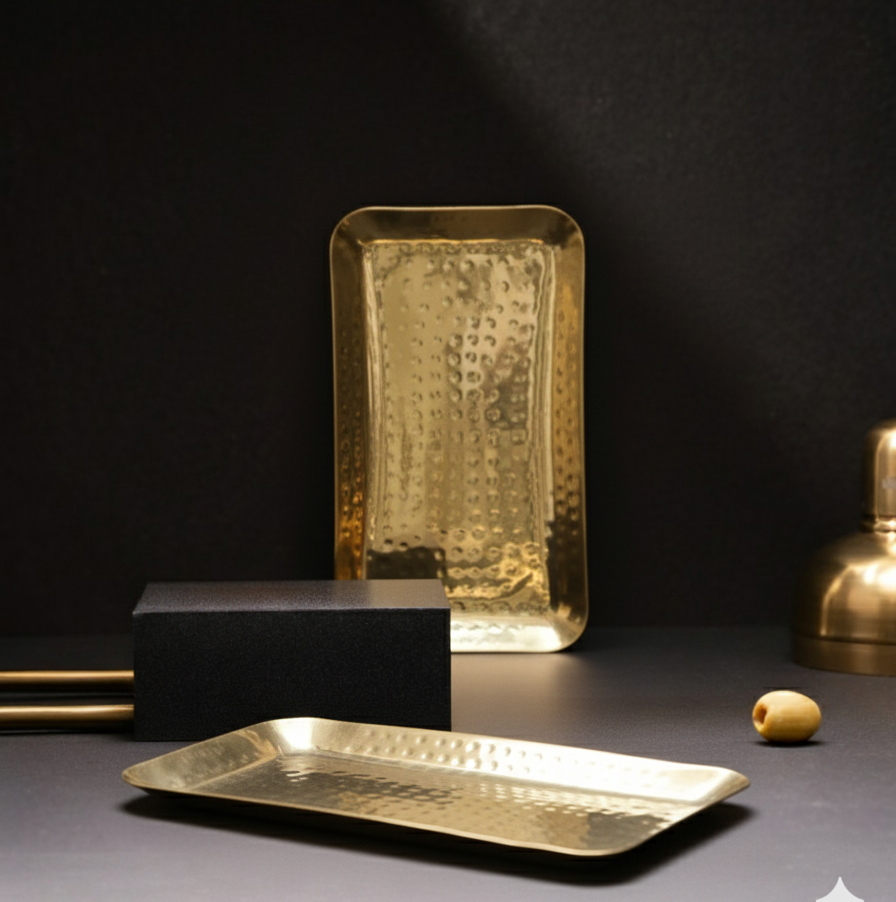 Car-O-Bar Set of 2 Premium Steel Serving Platter | Gold Finish | Hammered Design