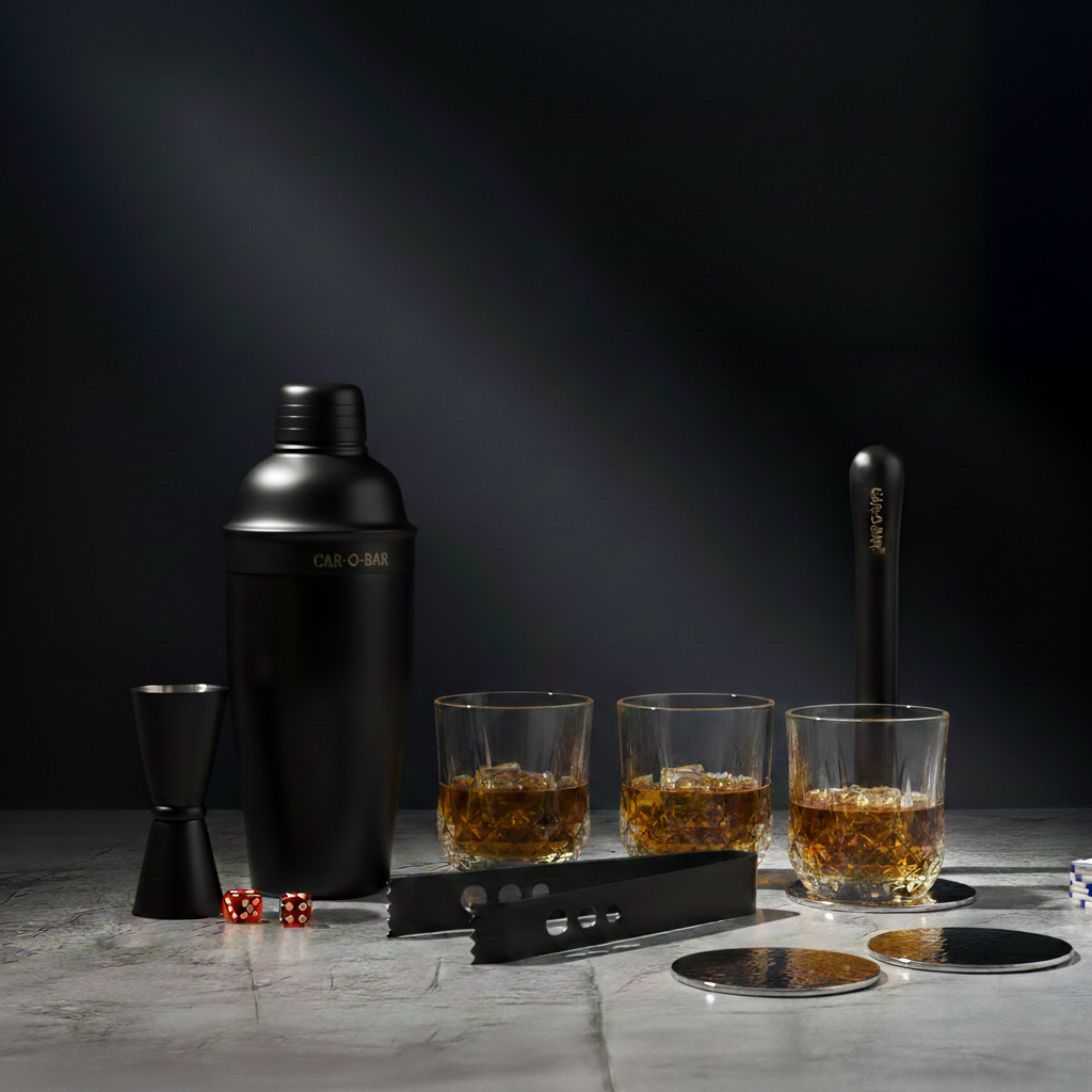 Car-O-Bar Black Bar Set with Glasses & Coasters Giftset
