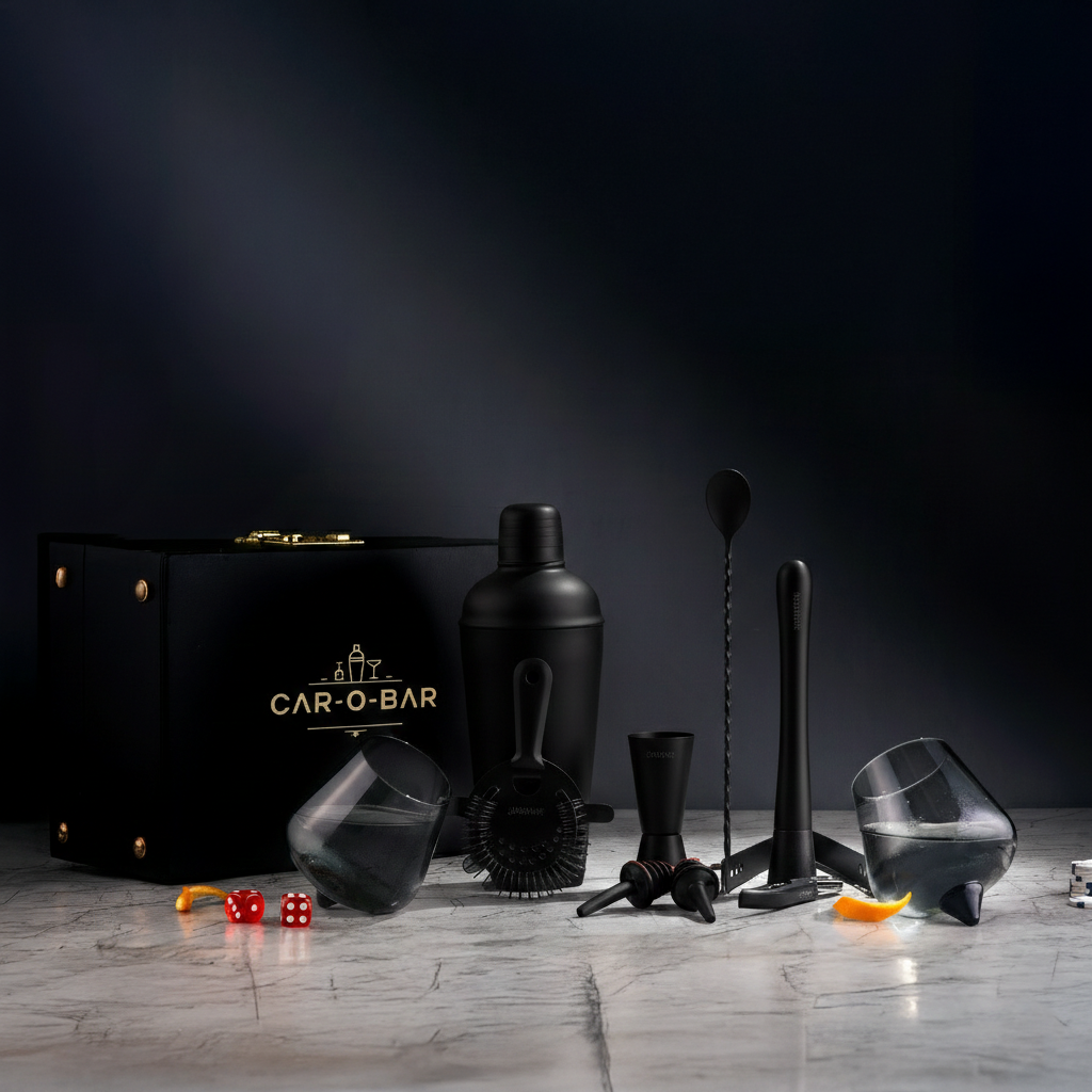 Car-O-Bar Bar Set with Glasses Gift Set | 12 Pieces Black Bartender Kit with 2 Cocktail Glasses