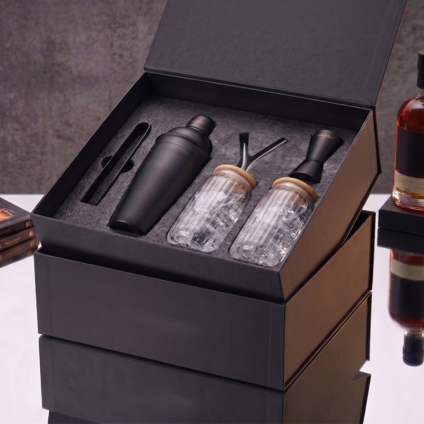 Car-O-Bar Black Bar Set with Glasses Gift Set
