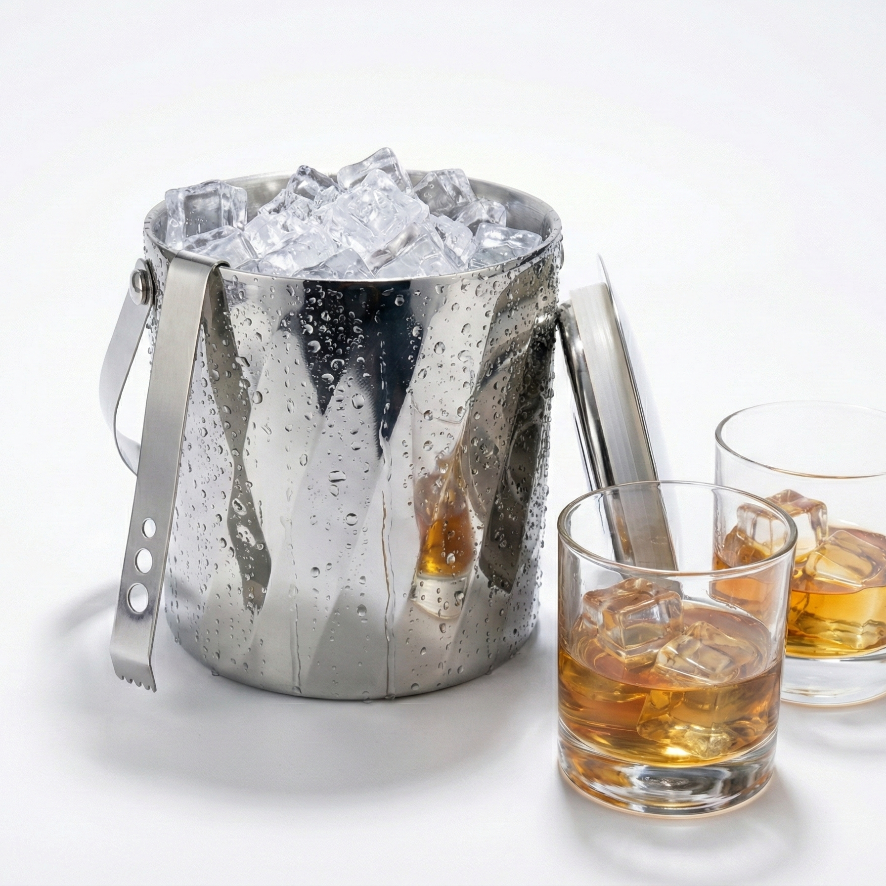 Car-O-Bar Rippled Finish Stainless Steel Ice Bucket with Tong - 1500 ml