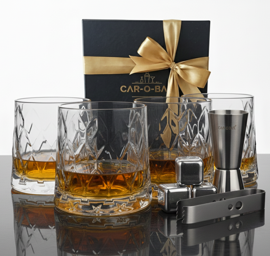 Car-O-Bar Gift Set | Set of Premium Whiskey Glasses with Steel Whiskey Cubes Peg Measurer and Ice Tong