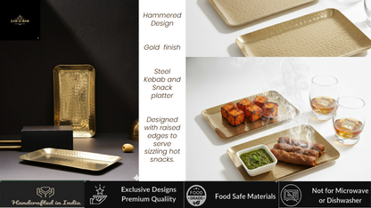 Car-O-Bar Set of 2 Premium Steel Serving Platter | Gold Finish | Hammered Design