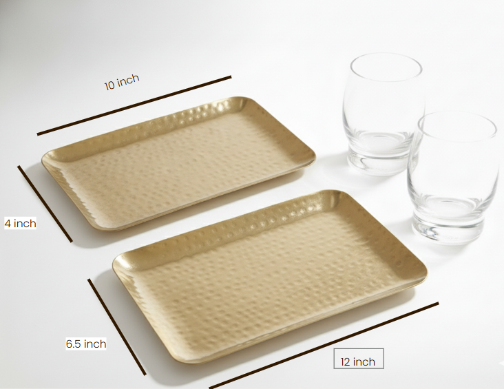 Car-O-Bar Set of 2 Premium Steel Serving Platter | Gold Finish | Hammered Design