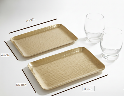 Car-O-Bar Set of 2 Premium Steel Serving Platter | Gold Finish | Hammered Design