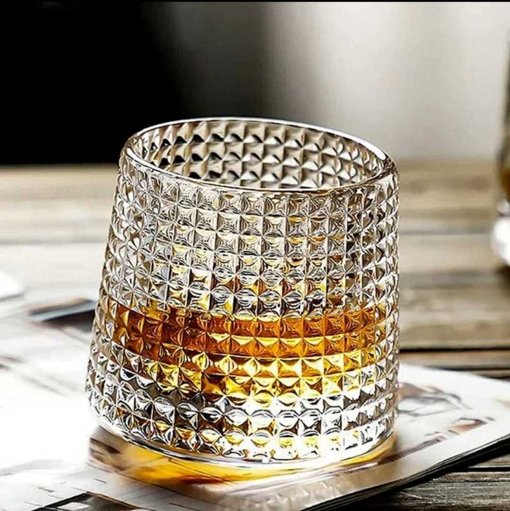 Car-O-Bar Tipsy Whiskey Glass | Fluted Check Design Rotating Heavy Base | Set of 6 | 190ml