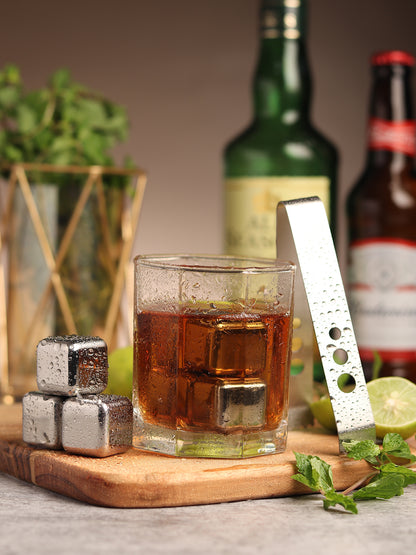 Car-O-Bar Steel Whiskey Cubes - Pack of 6 with Tong