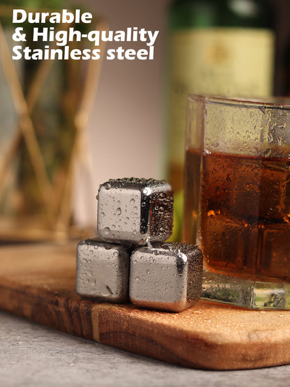 Car-O-Bar Steel Whiskey Cubes - Pack of 6 with Tong