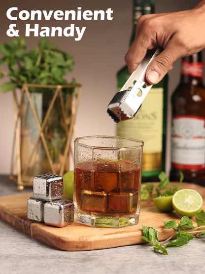 Car-O-Bar Steel Whiskey Cubes - Pack of 6 with Tong