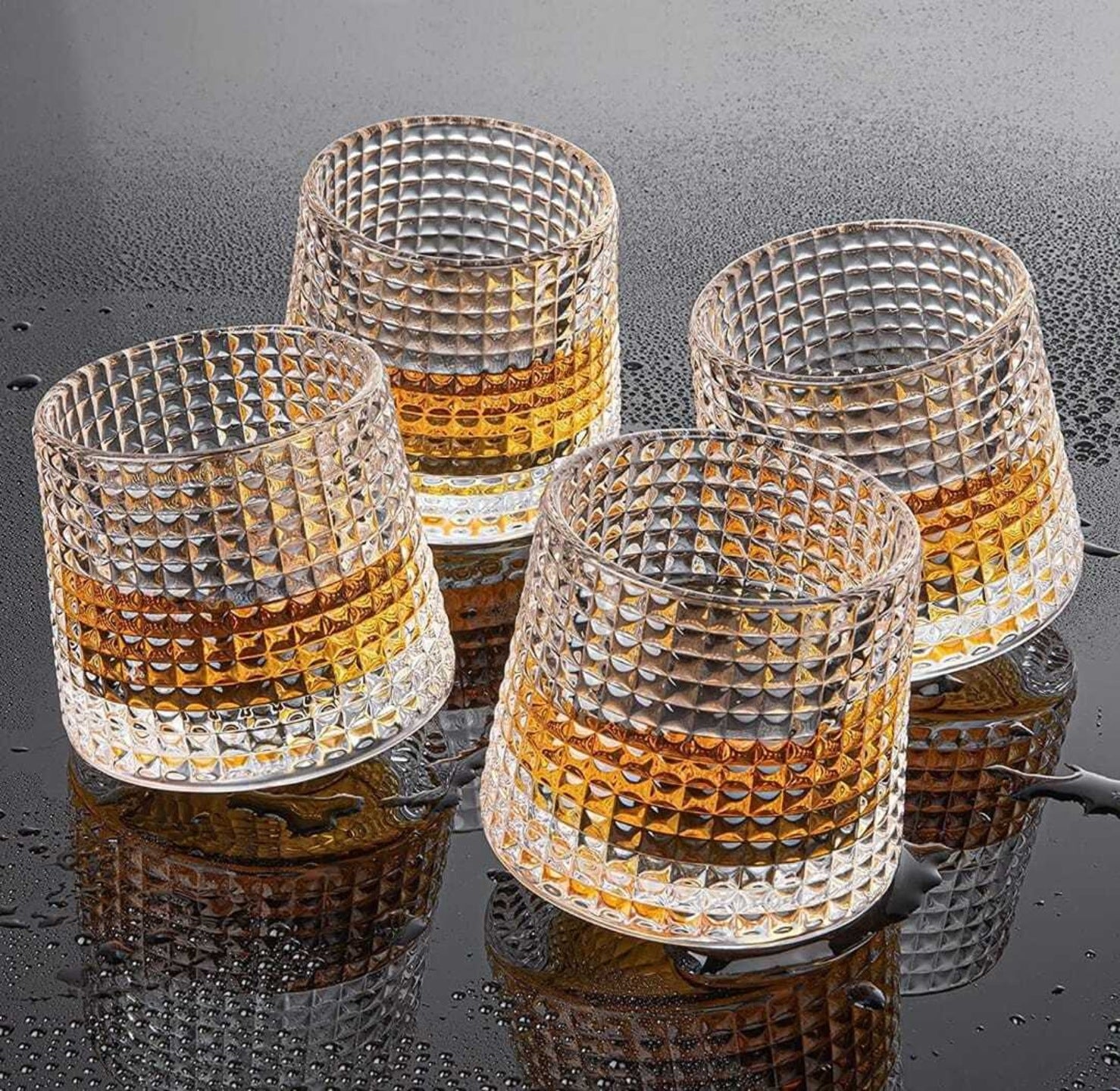 Car-O-Bar Tipsy Whiskey Glass | Fluted Check Design Rotating Heavy Base | Set of 6 | 190ml