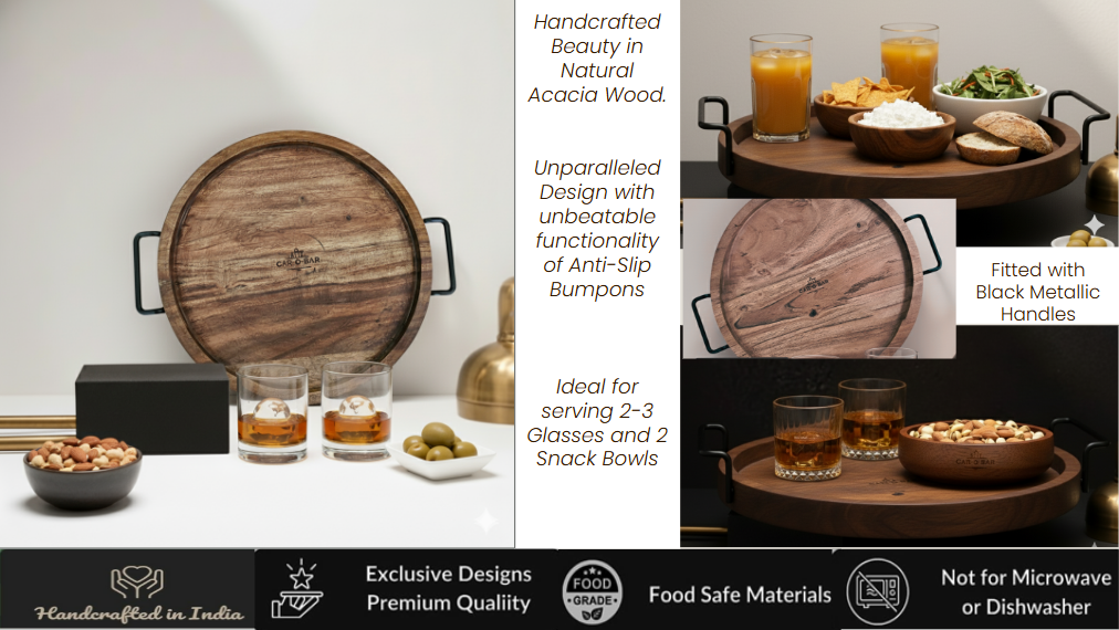 Car-O-Bar Premium Wooden Serving Tray Platter with Handle | Antique Finish