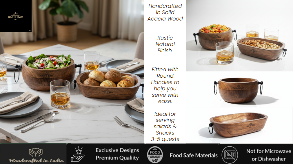 CAR-O-BAR Premium Wooden Serving Bowl Set of 2 with Handles | Rustic Natural Finish