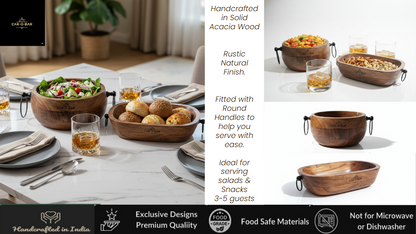 CAR-O-BAR Premium Wooden Serving Bowl Set with Handles | Rustic Natural Finish