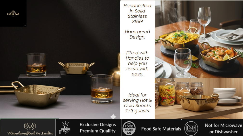 CAR-O-BAR Premium Set of 2 Steel Serving Bowls with Handle | Hammered Gold Finish