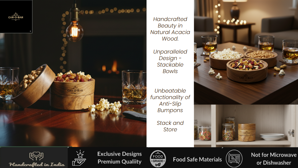 CAR-O-BAR Premium Stackable Wooden Serving Bowl Set of 3 | Natural Finish