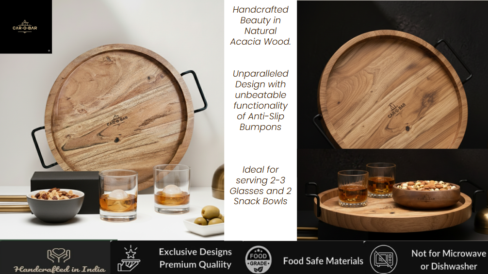 Car-O-Bar Premium Wooden Serving Tray Platter with Handle | Natural Finish