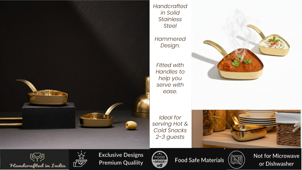 CAR-O-BAR Premium Set of 2 Steel Serving Bowls with Handle | Hammered Gold Finish