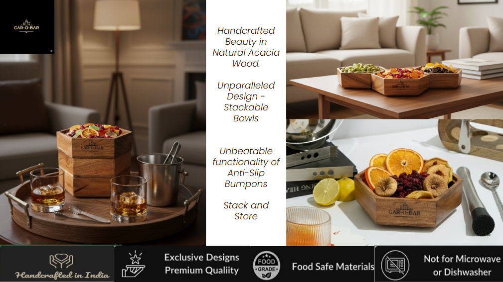 CAR-O-BAR Premium Stackable Hexagonal Wooden Serving Bowl Set | Natural Finish