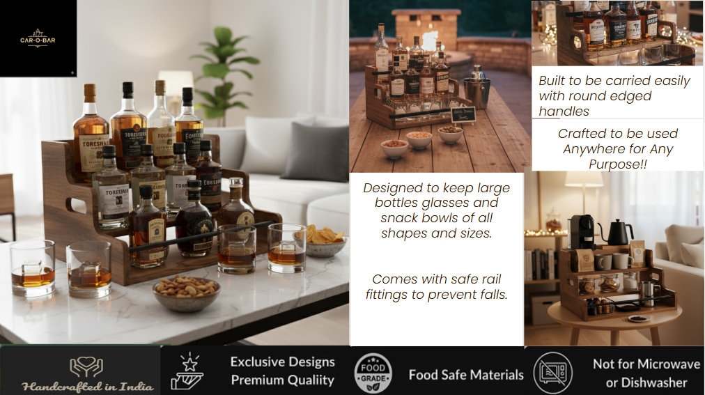 CAR-O-BAR Premium Multipurpose Rack Organizer | Wooden Serving Rack | 3-Tier Countertop Wine & Whiskey Rack