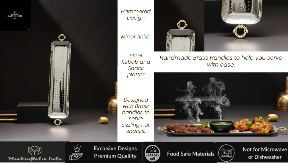 Car-O-Bar Premium Steel Serving Platter with Brass Handles | Hammered Design