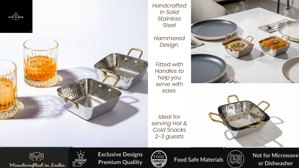 CAR-O-BAR Premium Set of 2 Steel Serving Bowls with Handle | Hammered Silver Finish