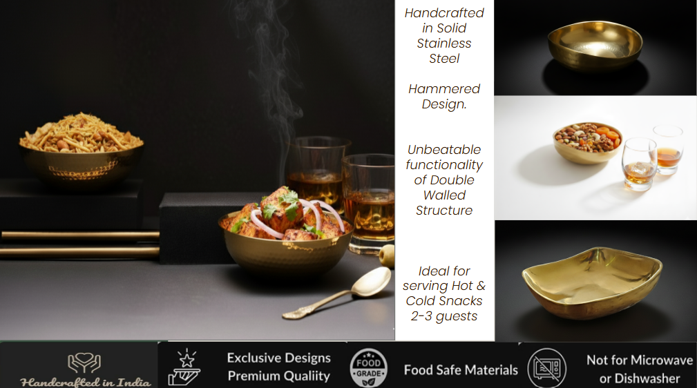 CAR-O-BAR Premium Steel Serving Bowl | Hammered Gold Curved Finish | Double Walled