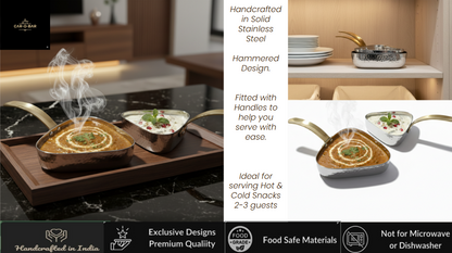 CAR-O-BAR Premium Set of 2 Steel Serving Pan with Handle | Hammered Silver Finish